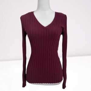 Sundance Ribbed Long Sleeve Fitted Organic Cotton Blend Sweater Size S Burgundy